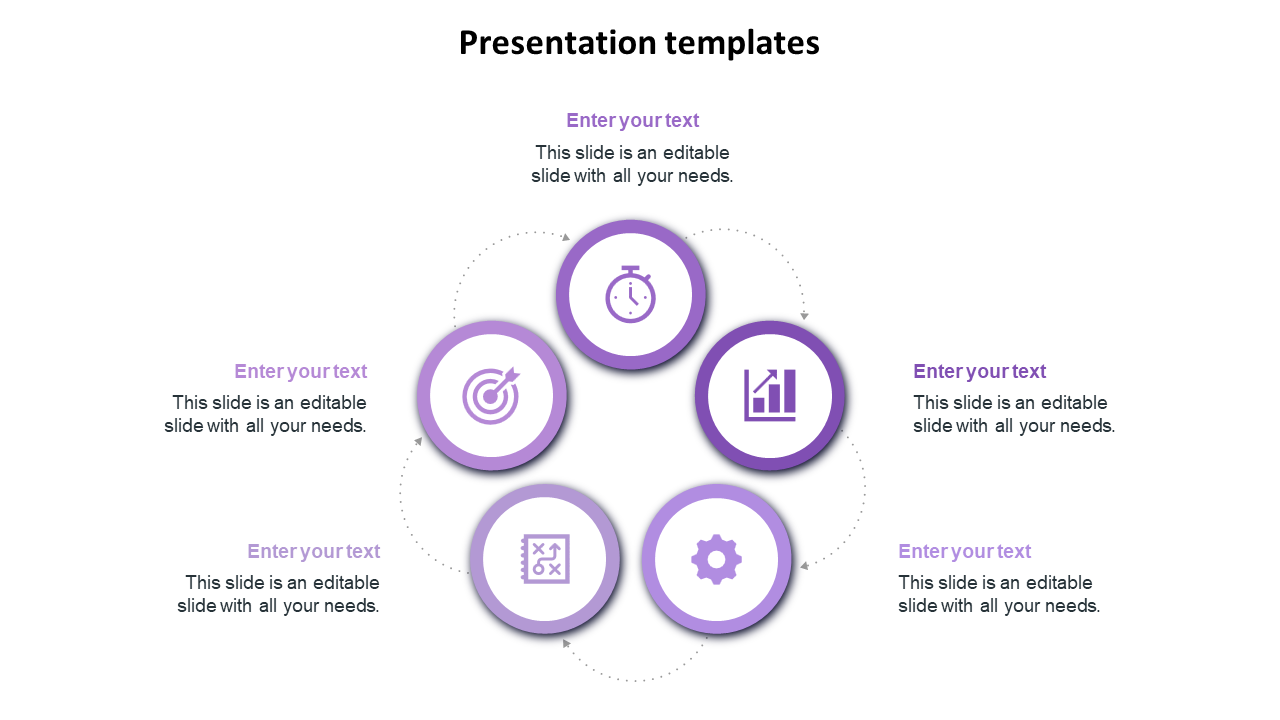 Purple-themed template with five icons arranged in a circular flow surrounded with caption areas for each.