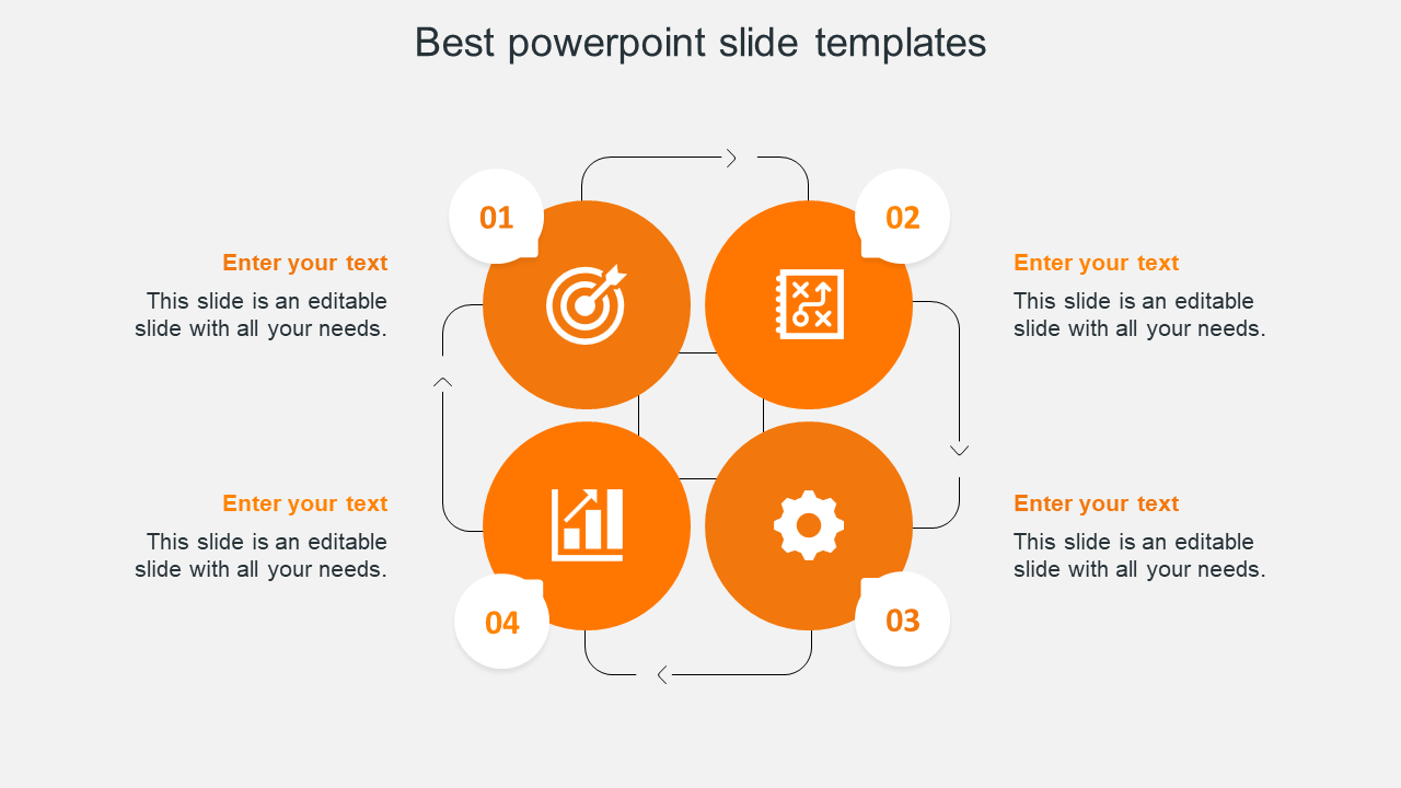 Slide featuring four orange circles connected with arrows in a circular layout on a light gray background.