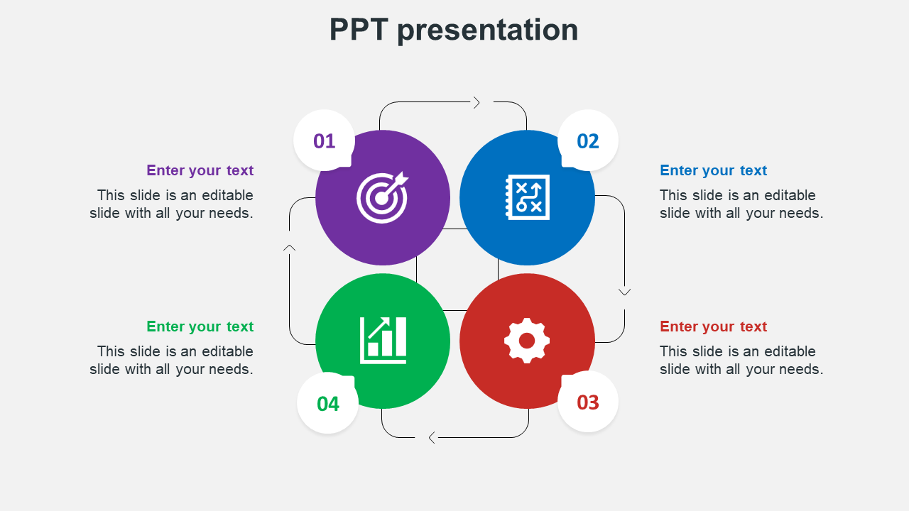 Circular diagram with four colorful sections in purple, blue, green, and red, each containing an icon and a text placeholder.