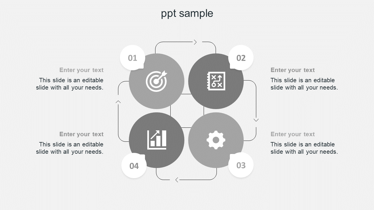 PPT sample slide with four sections each featuring a circle with icons representing target, strategy, analysis, and settings.