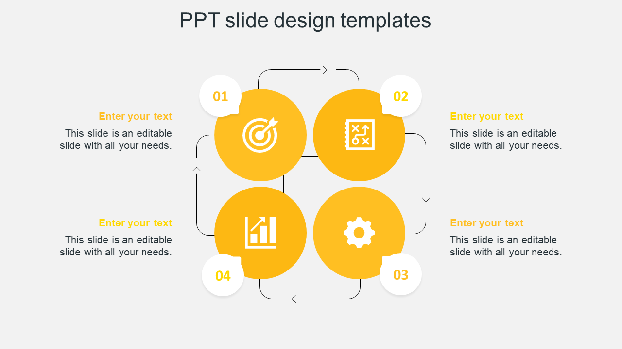 Four step circular infographic template with yellow icons and placeholder text on a white backdrop.