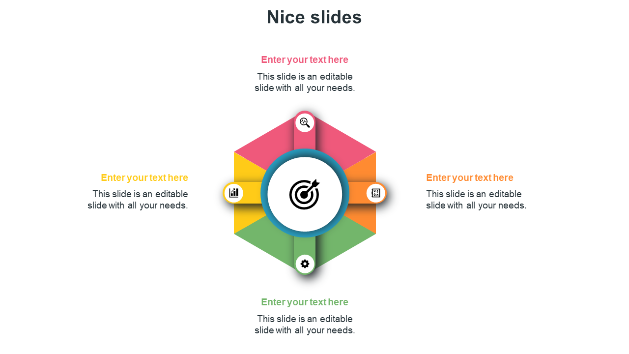 Colorful hexagonal infographic PPT slide with a central target icon and four text placeholders on a white backdrop.