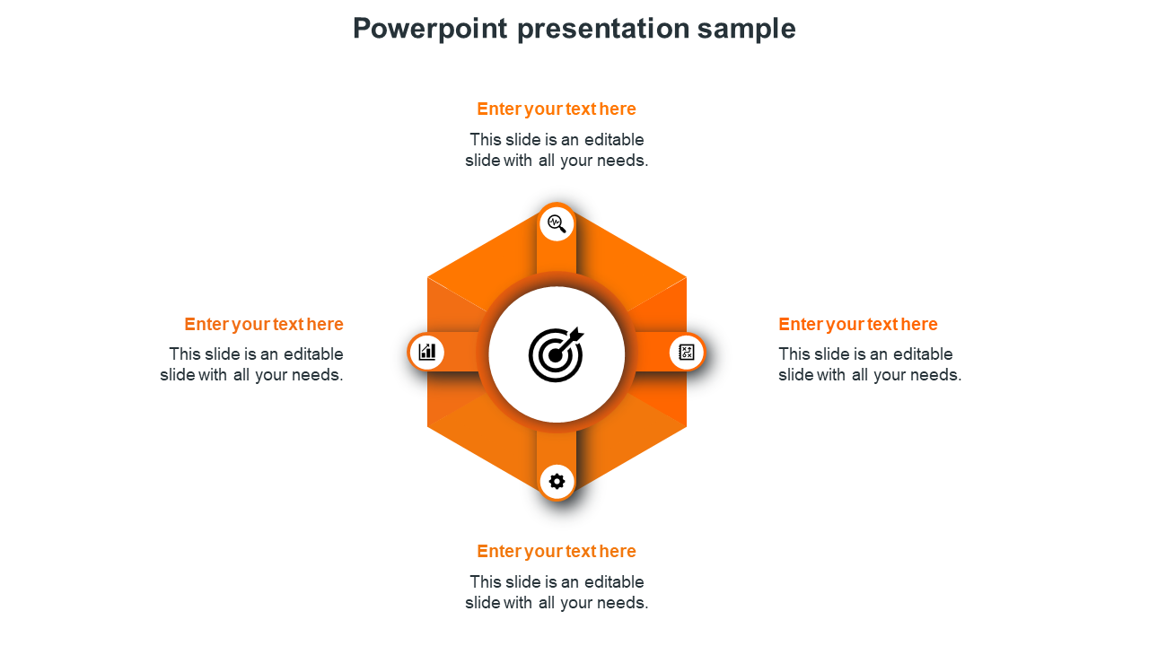 Symmetrical orange layout featuring a central hexagon with icons, surrounded by four smaller circles and text areas.