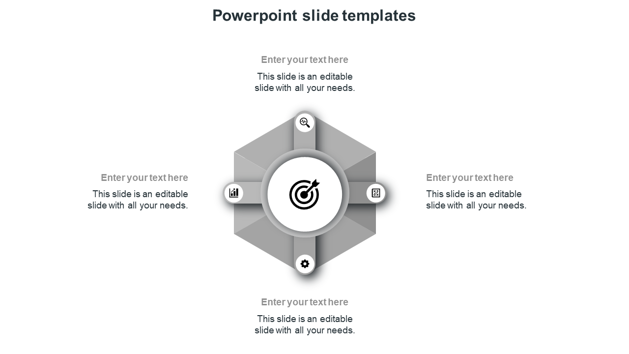 Gray hexagonal diagram with a central target, and four surrounding icons, with text fields on each side.