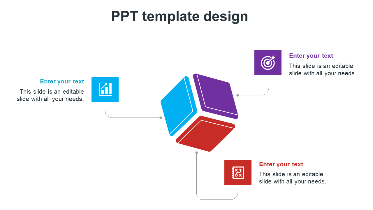 Design slide showing a central 3D cube with connected icons in blue, purple, and red, each labeled with placeholder text.