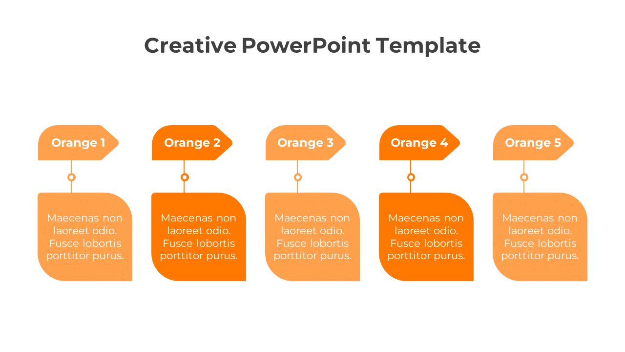 Creative PowerPoint template with five orange infographic elements and text sections on a white backdrop.