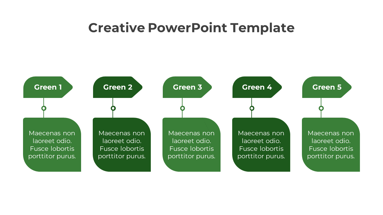 Five green labels aligned horizontally, each connected to rounded rectangular text boxes with matching shades.