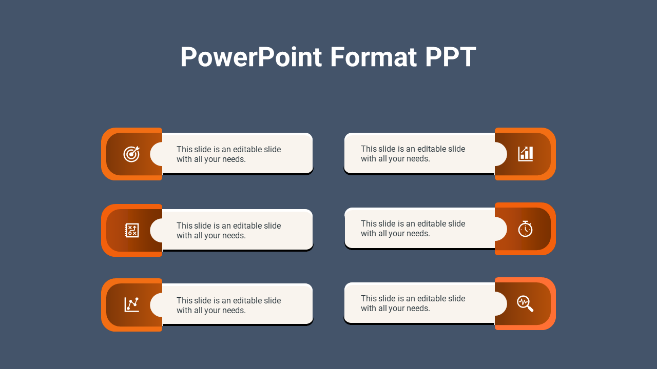 Professional format PowerPoint slide with six horizontal infographic elements and orange accents.