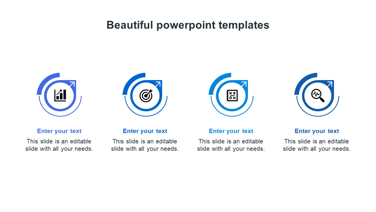 PowerPoint template with four blue circular icons representing business growth, targets, strategy, and analysis with text.