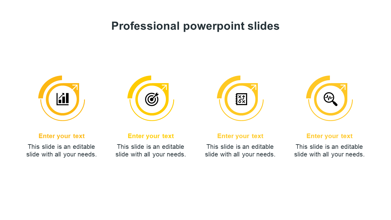 Four yellow circular icons, each containing a different business symbol, arranged in a horizontal row with text below.