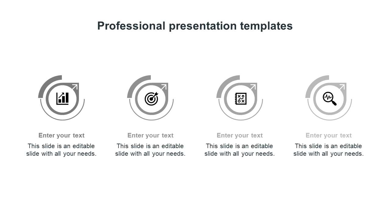 PowerPoint template with four grey circular icons representing business growth, targets, strategy, and analysis with text.