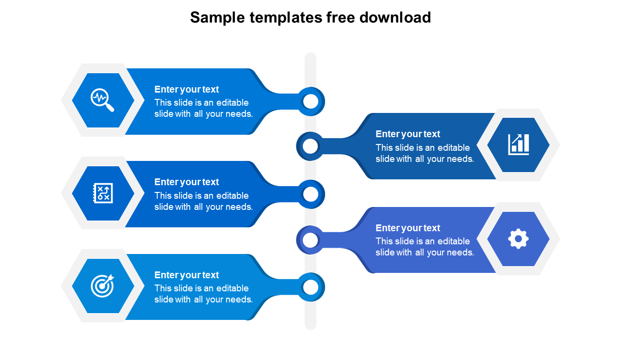 Horizontal infographic with blue hexagons featuring icons, and text boxes connected by a central line.