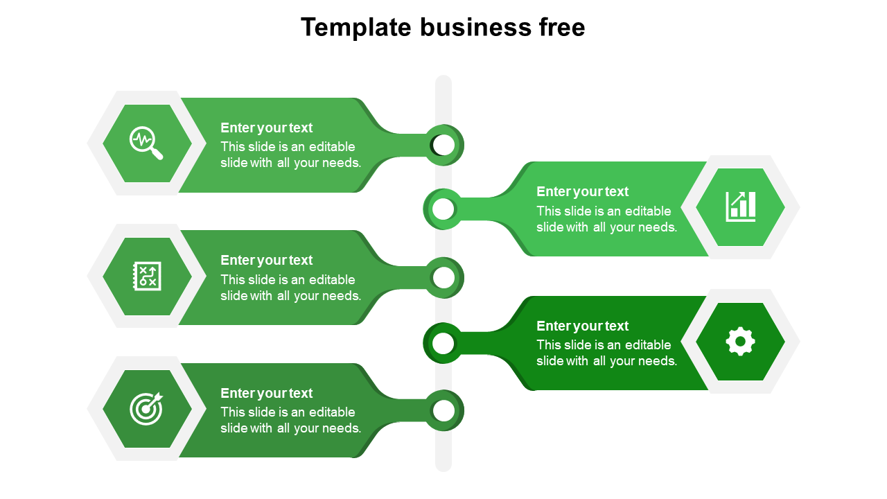 Vertical layout with six green hexagonal shapes connected by circles, with icons and text areas.