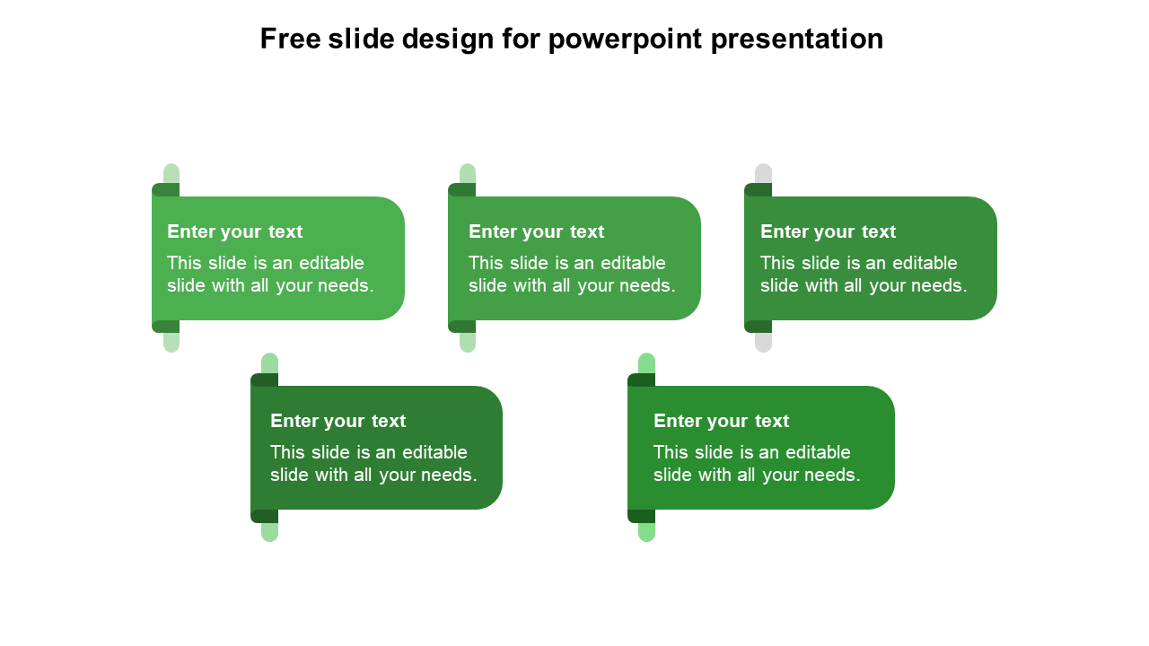 Five green boxes with curved edges, arranged in two rows, each with a text placeholder, on a white backdrop.