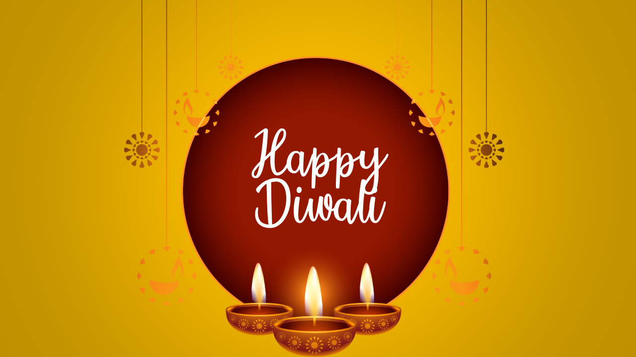 Glowing Diwali lamp trio in front of a large red circle with text, set against a yellow background.