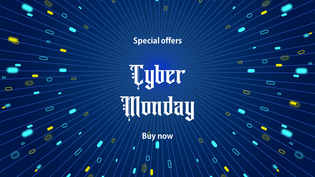 Dynamic blue design with radial lines and floating yellow and teal shapes, featuring cyber monday in bold text.