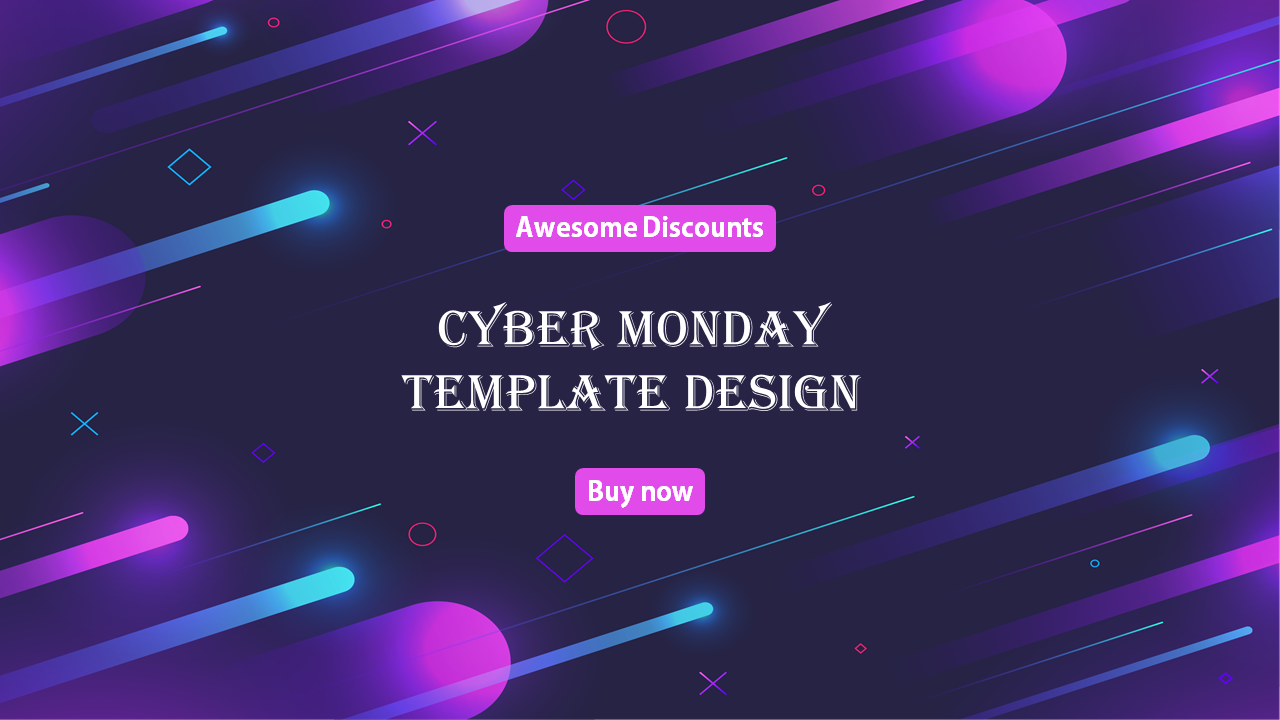 Purple and blue streaked background for a Cyber Monday template, with bold text in the center and pink buttons.