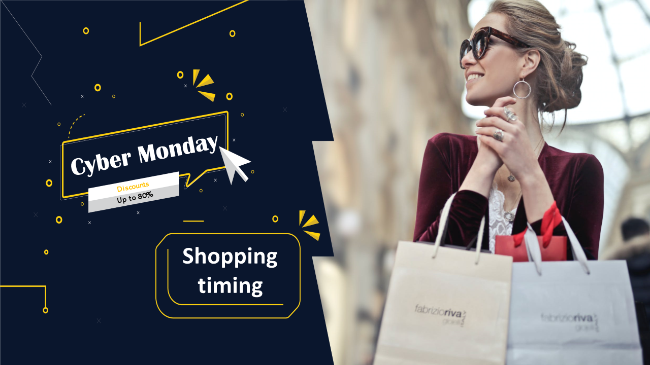 Dark blue background with dynamic geometric shapes, promoting cyber monday discounts and a woman holding shopping bags.