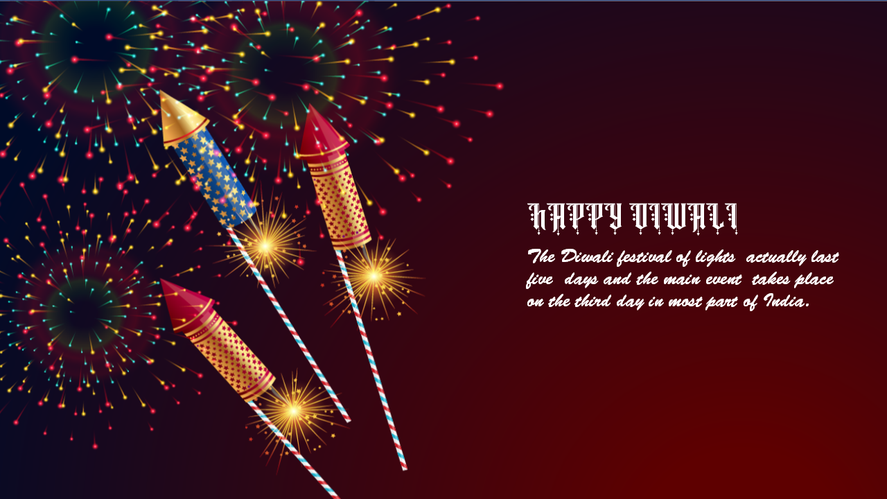 Diwali celebration with colorful fireworks and three rocket firecrackers on a red gradient background.