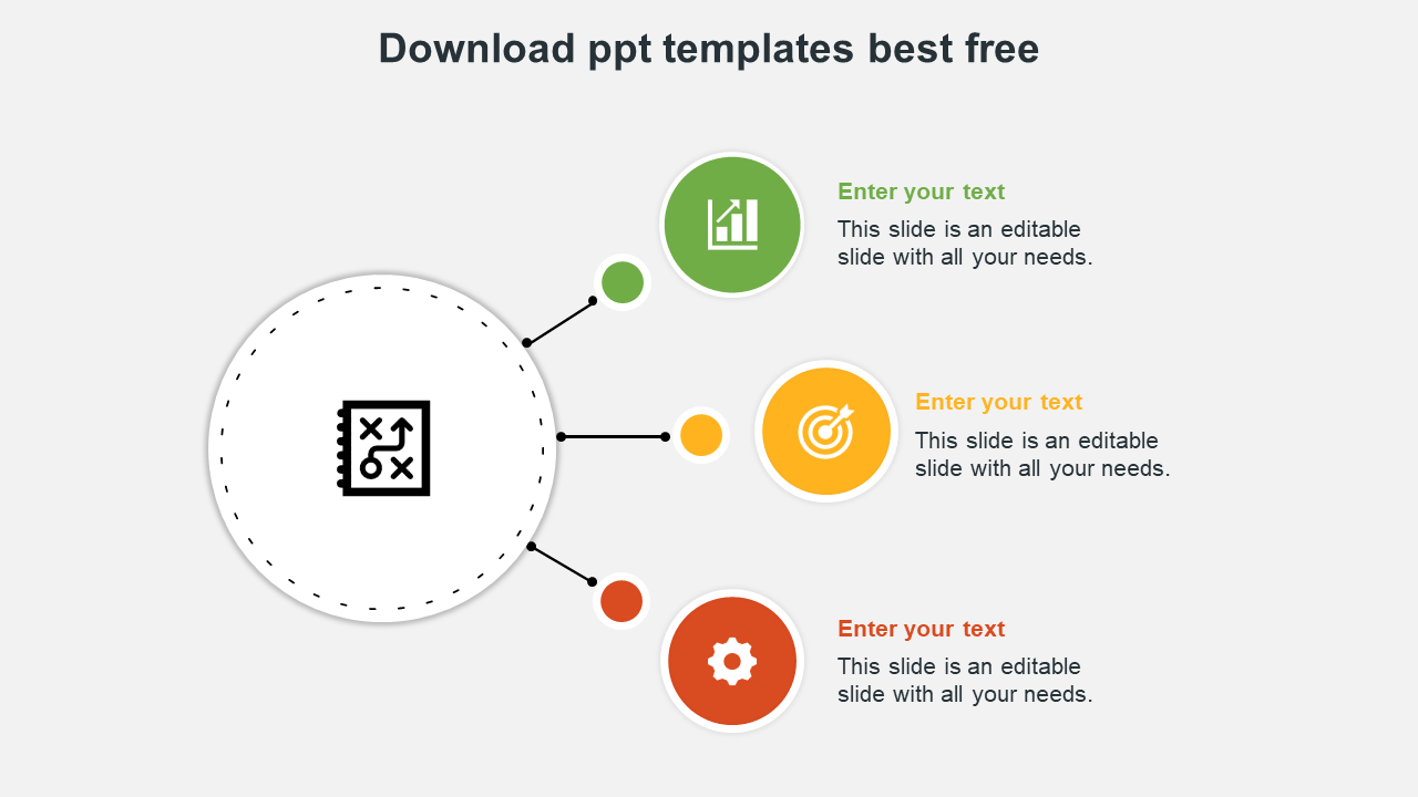 Best slide with a central icon connected to three color coded icons representing analytics, target, and settings with text.