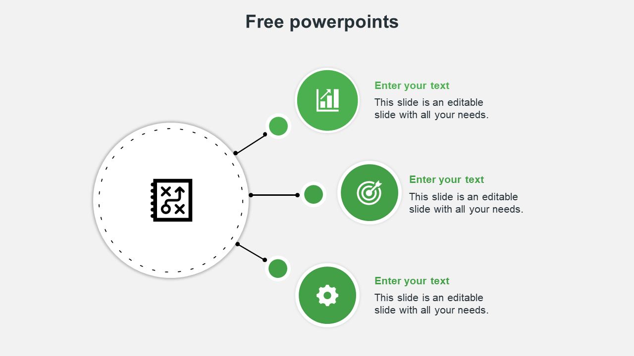 Circular infographic with icons for charts, targets, and gears, connected to text sections for PowerPoint presentations.