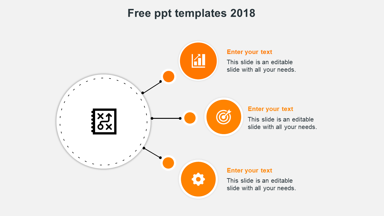 Modern PowerPoint slide with three orange circular elements connected to a central strategy icon with placeholder text.