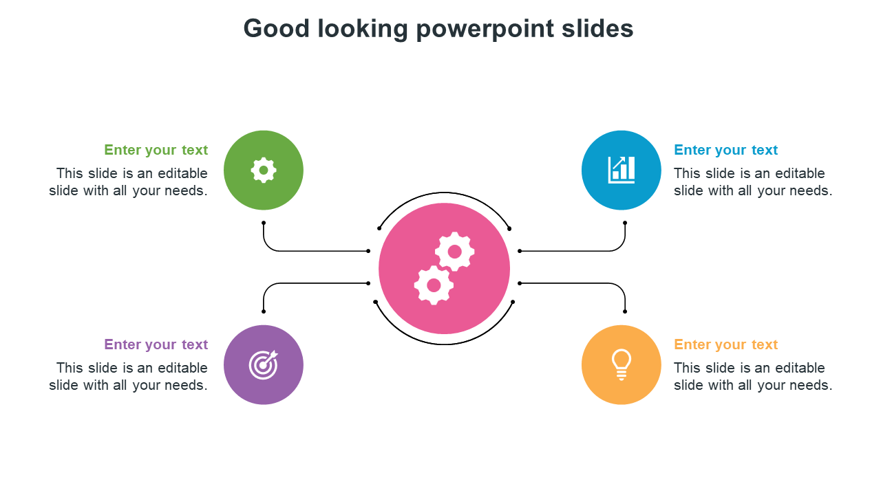 Infographic with a central pink gear, connected to four sections in green, purple, blue, and orange, each with an icon.