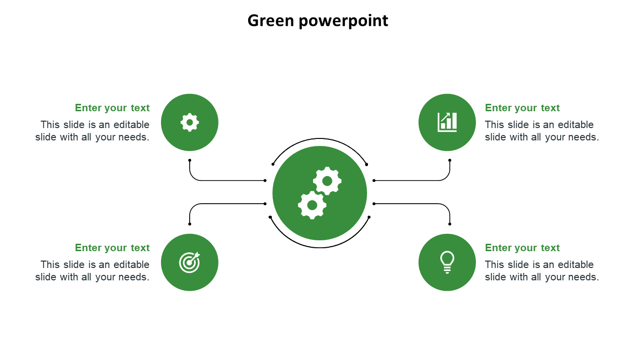 Green themed slide featuring a central gear, linked to four surrounding circles, each with distinct icons.