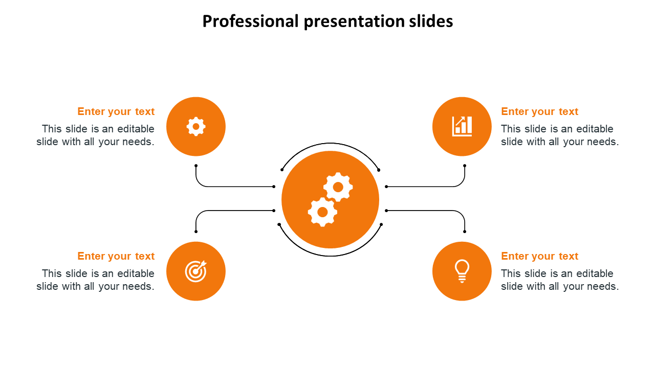 PowerPoint slide for professional presentations featuring sections with icons for gears, graphs, targets, and lightbulbs.