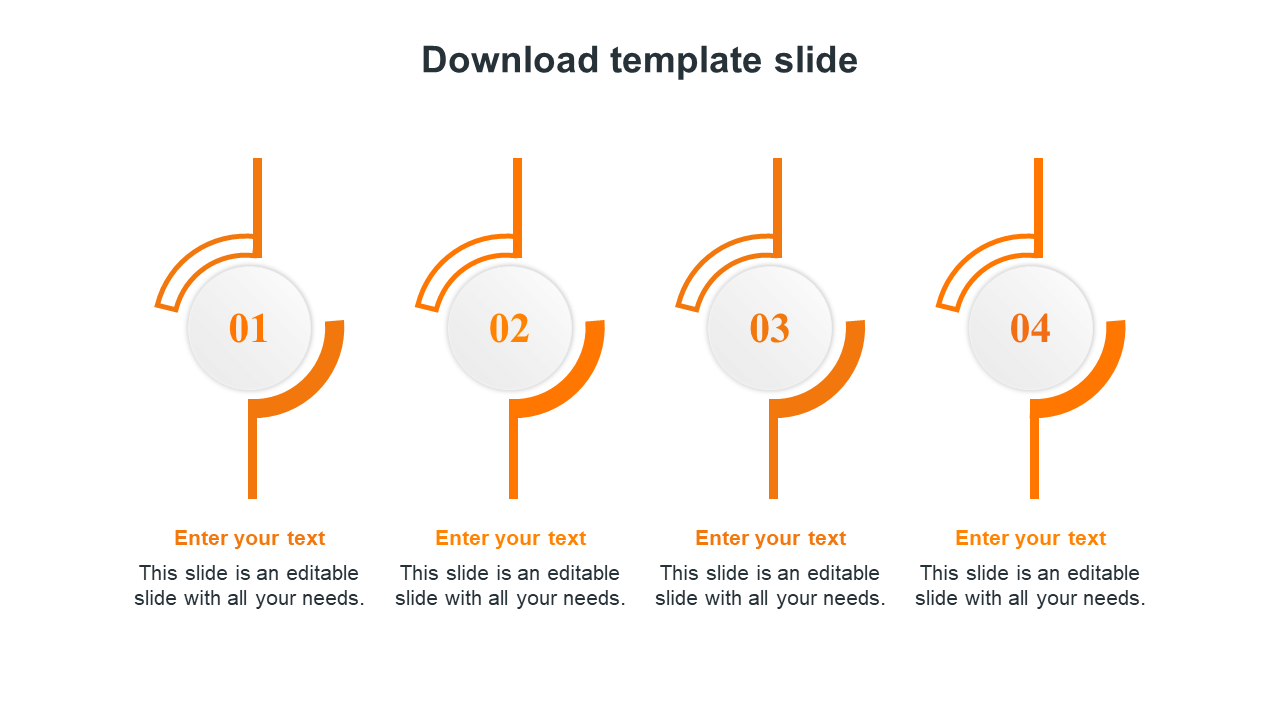 Slide with four numbered icons in white circles, connected by orange curves, and text placeholders below each.