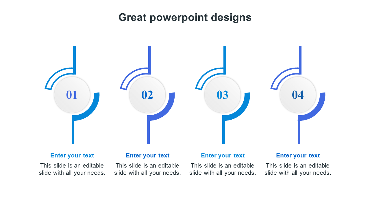 Great PowerPoint slide with four numbered sections in a sleek blue design with placeholder text on a white backdrop.