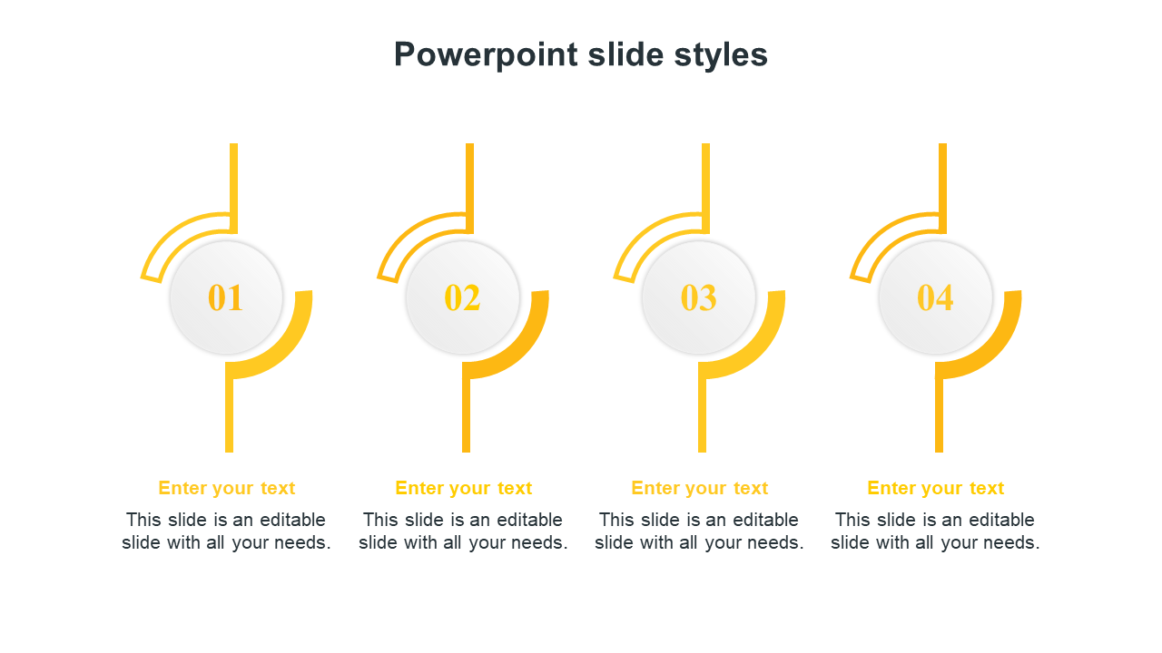 Sleek slide layout featuring four white circular icons, numbered 01 to 04, with yellow curves and text areas below.