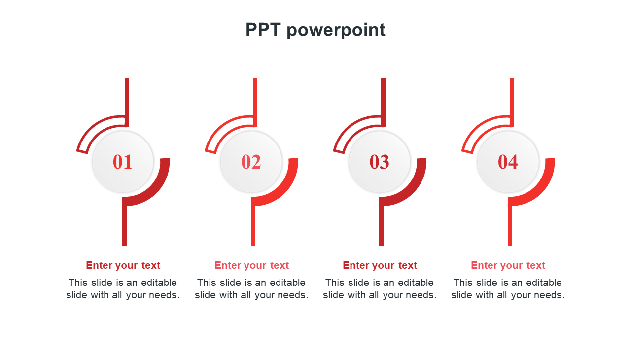 Great PowerPoint slide with four numbered sections in a sleek red design with placeholder text on a white backdrop.