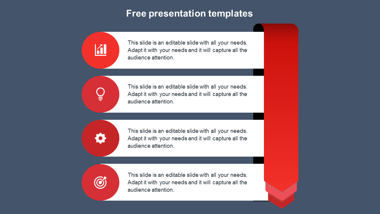 Modern PPT presentation template with a dark background, red icons, and a vertical ribbon design for listing key points.