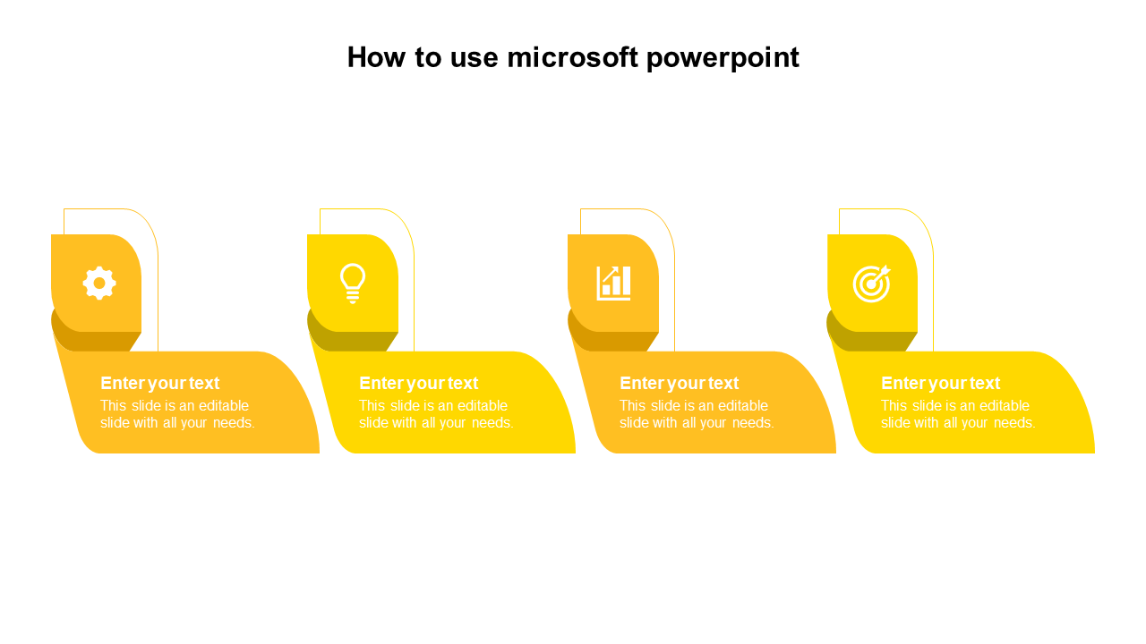 Microsoft step by step PowerPoint template with four yellow sections and text fields with icons on a white backdrop.