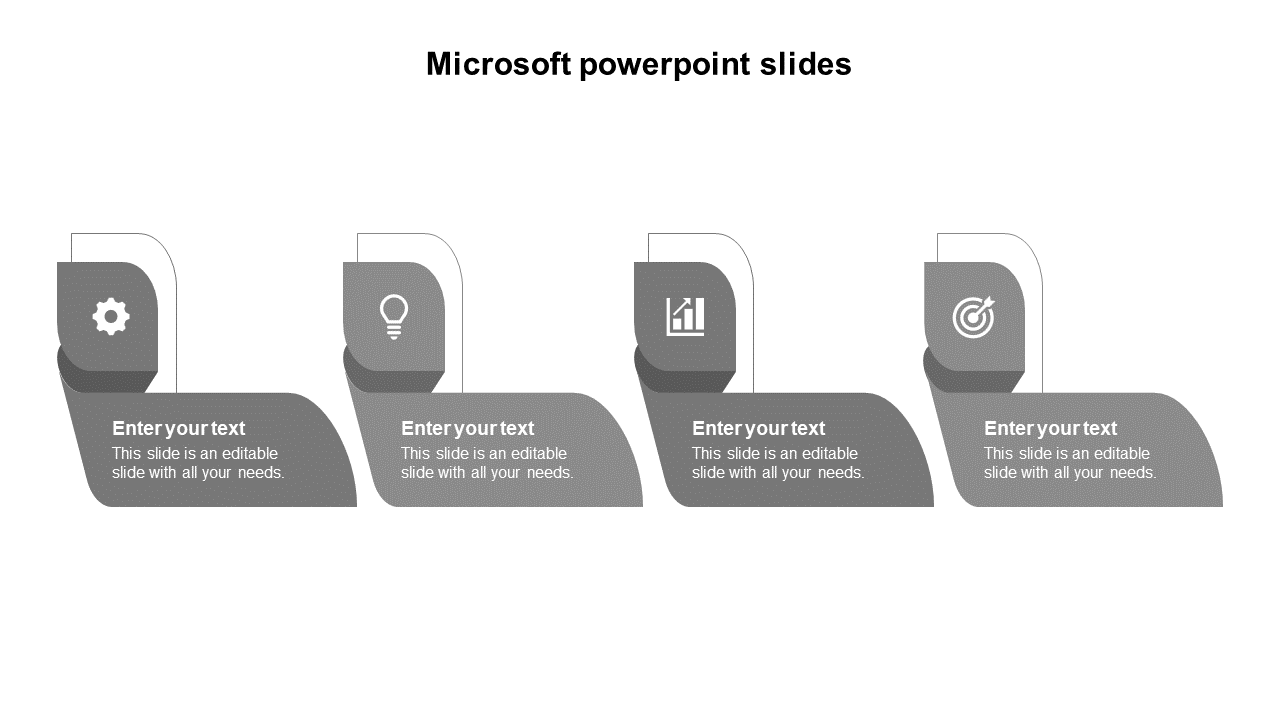 Four gray blocks with rounded corners, each containing an icon and text placeholder, arranged horizontally.