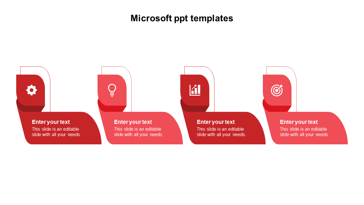 Microsoft step by step PowerPoint template with four red sections and text fields with icons on a white backdrop.