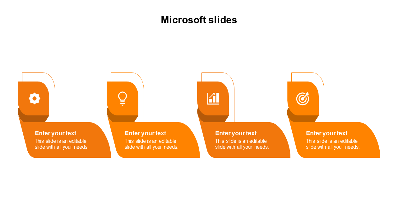 A template featuring four vertical blocks in orange, showcasing icons for business concepts and text areas.