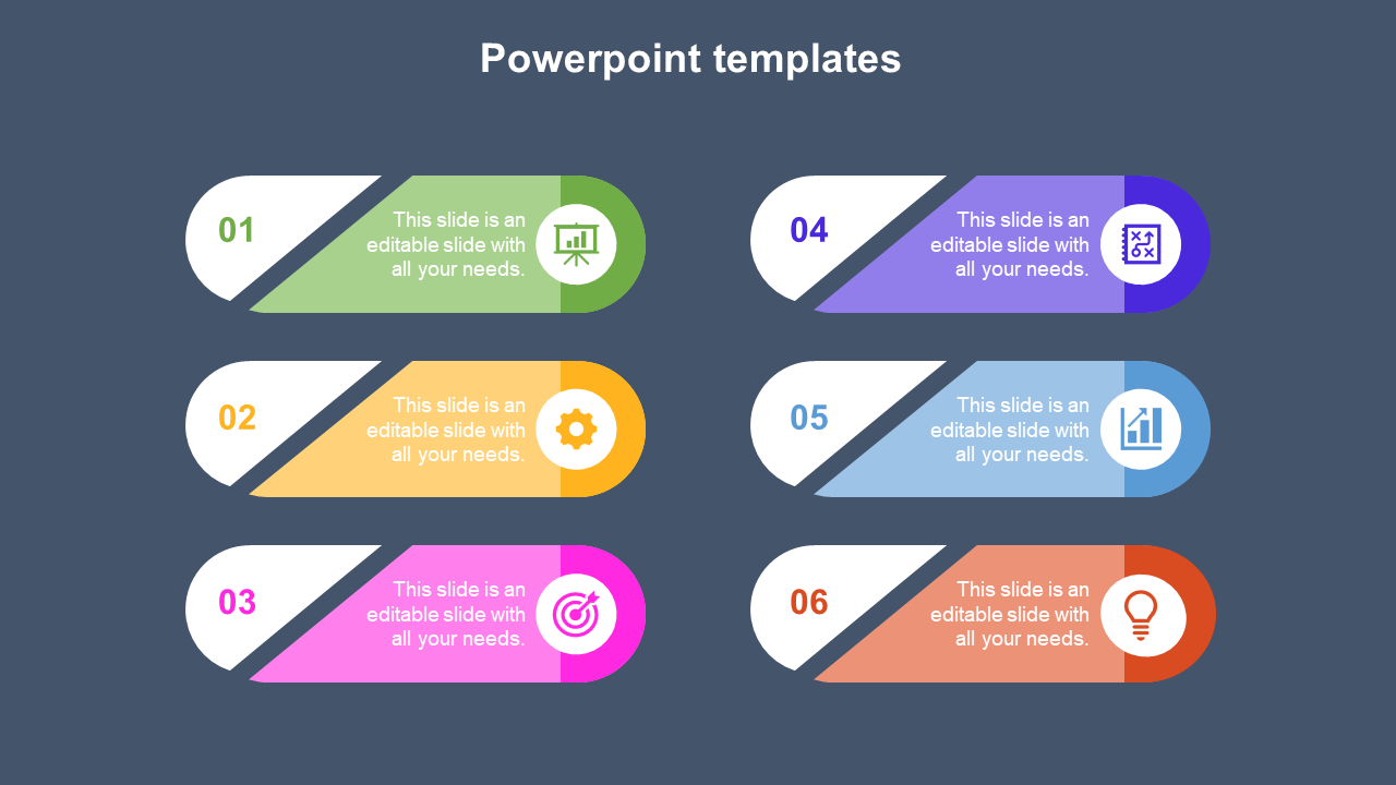 Colorful PowerPoint template with six numbered sections, each featuring an icon and text on a dark blue background.