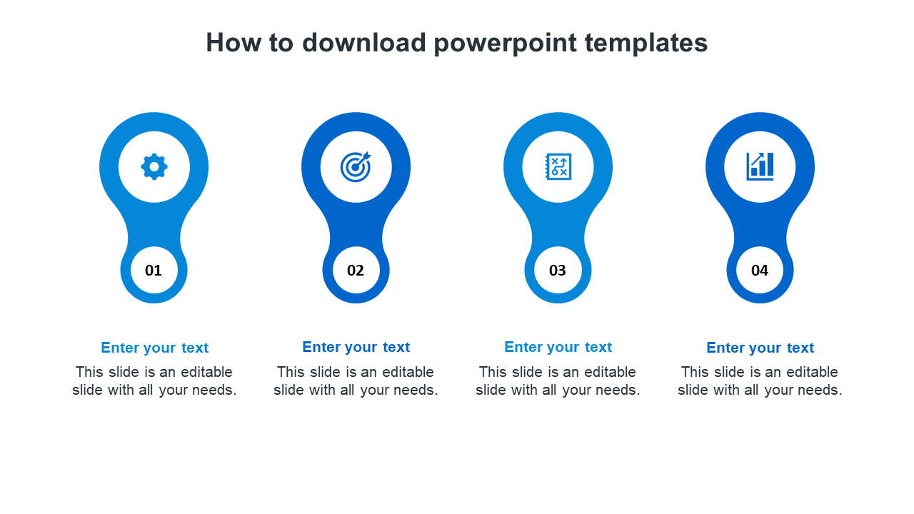 Four blue keyhole shaped icons arranged horizontally, each labeled with numbers and text placeholders below.