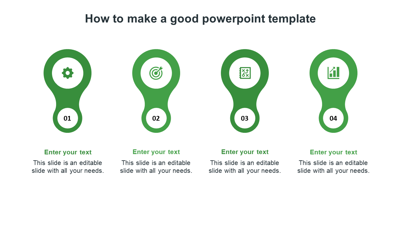 Green themed PowerPoint template with four infographic sections displaying icons for settings, target, strategy, and growth.