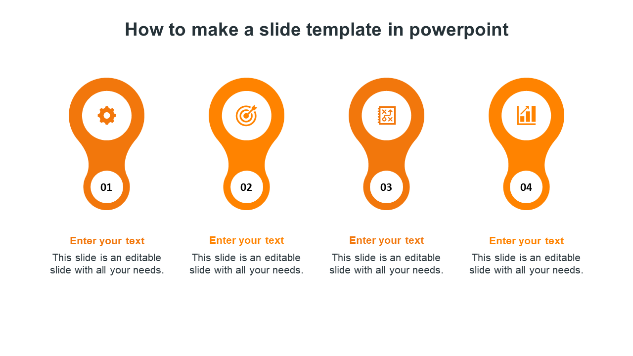 Clean slide layout with four orange icons in rounded shapes, each with a number and space for text beneath.