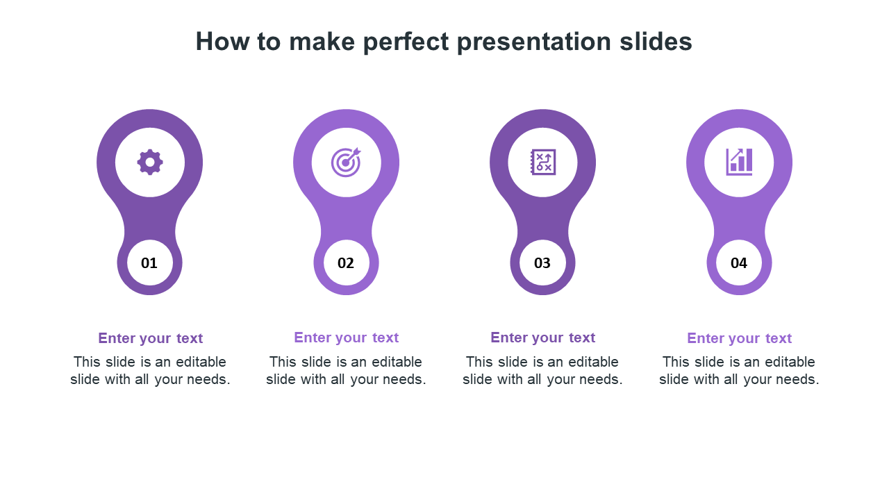 Four purple drop shaped icons with steps numbered 01 to 04, each containing an icon and text below.