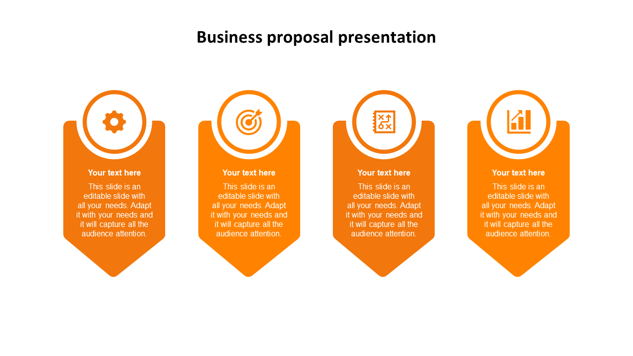 Business proposal slide featuring four orange icons with placeholders for text.