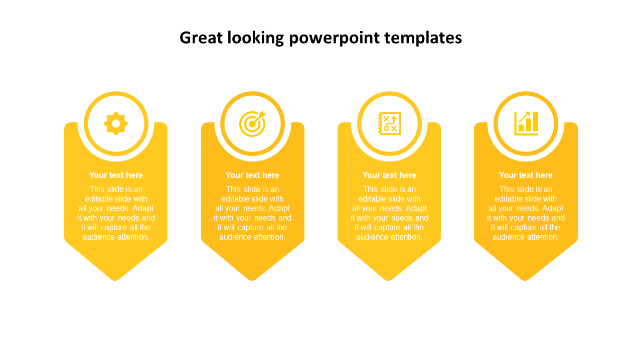 Great looking four yellow infographic slide elements with icons representing gear, target, plan, and graph with text.