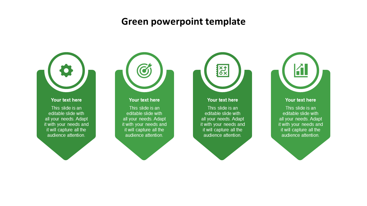 Four green arrow shaped segments with circular icons on top, each containing text sections.