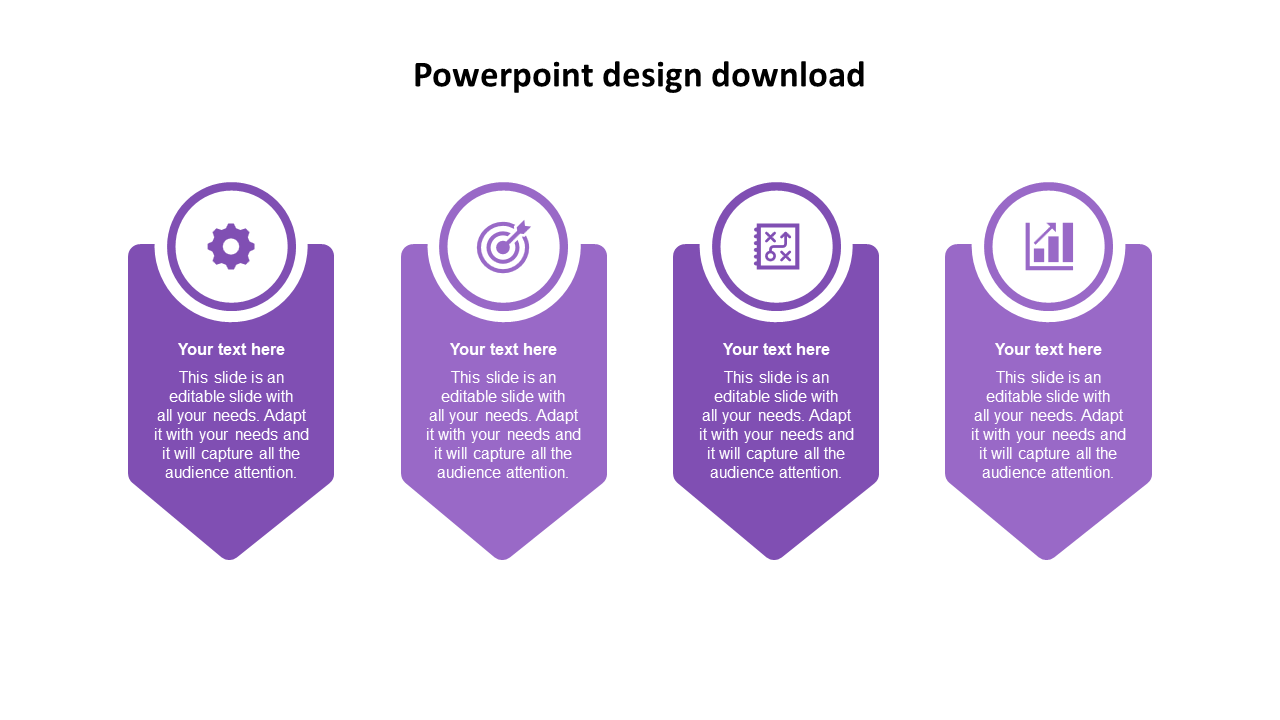 PowerPoint layout with four purple tags, each labeled with a circular icon and a placeholder for text.