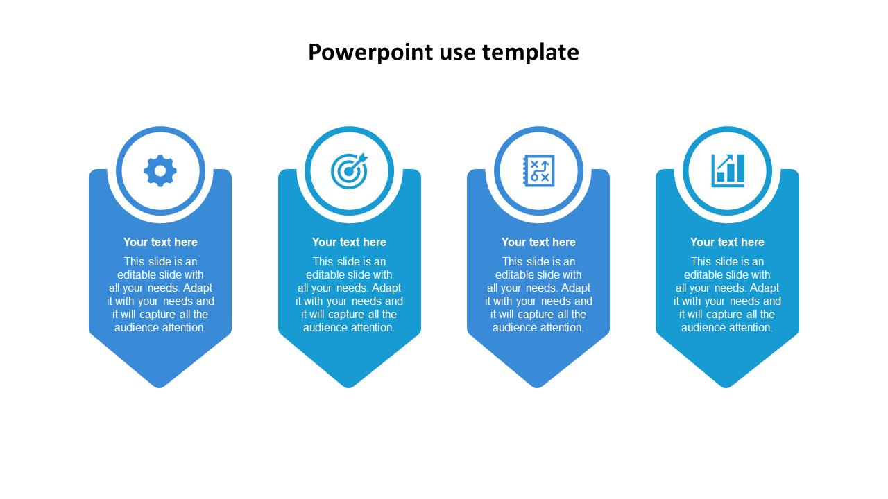 Blue PowerPoint template with four infographic sections featuring icons for settings, target, strategy, and analytics.