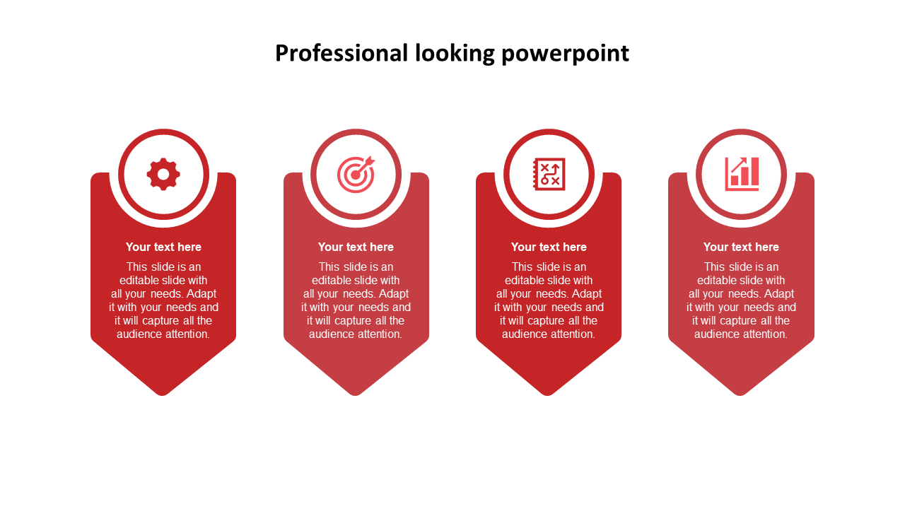 Red themed professional slide with four arrow sections, each featuring an icon and placeholder text.