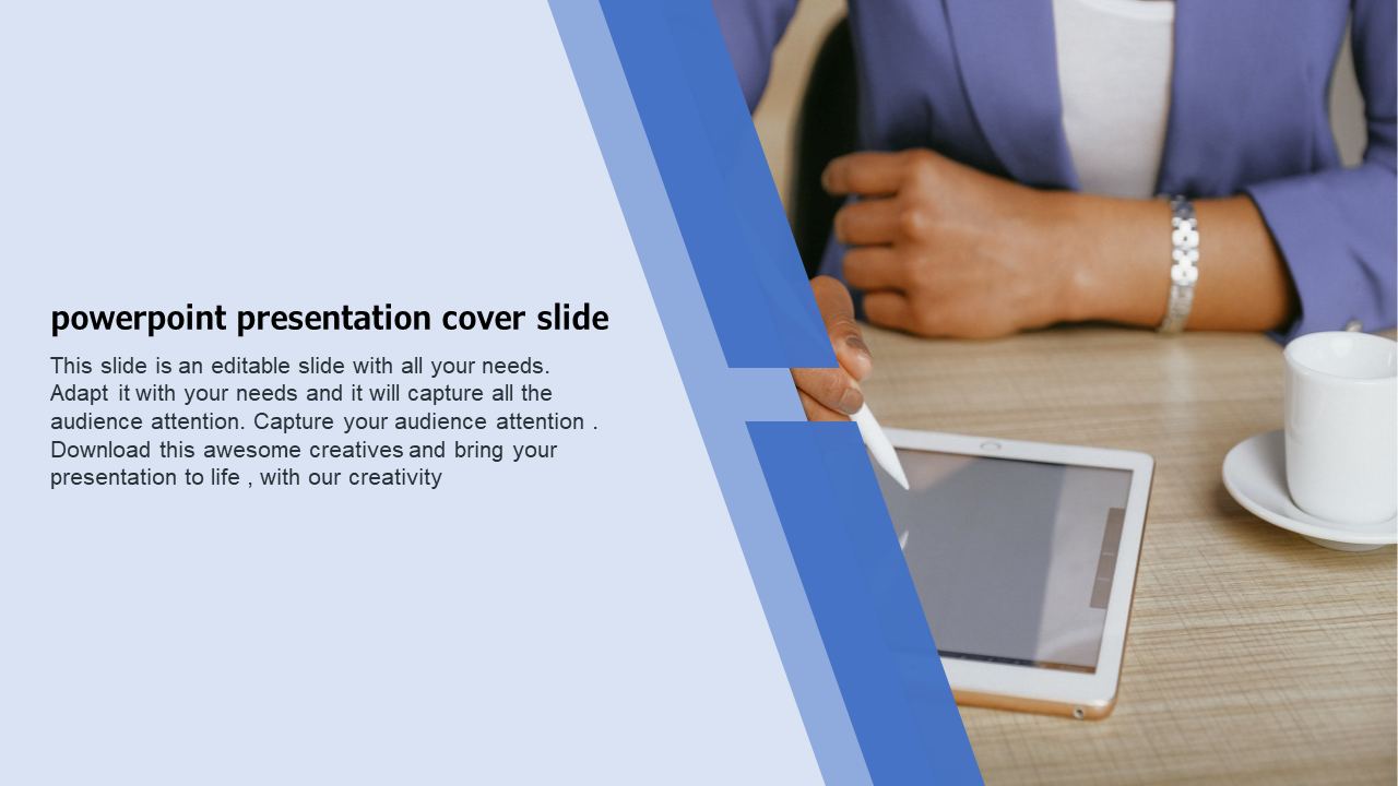 Professional cover slide with a blue design featuring a person using a tablet at a desk with a cup of coffee, alongside text.